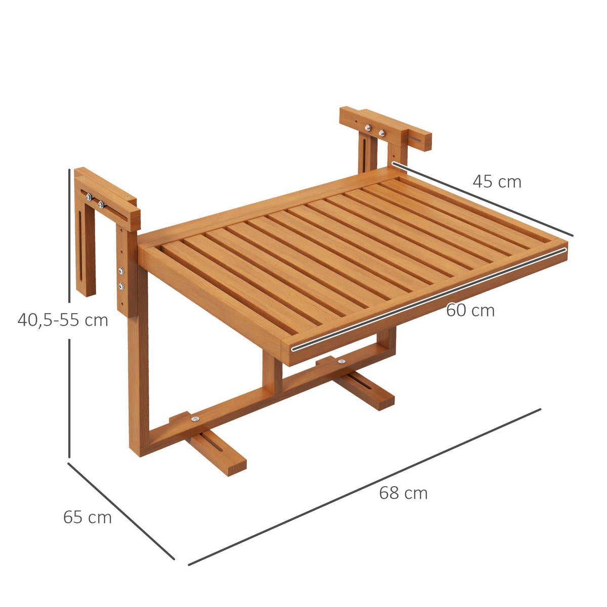 Balcony Table For Hanging, Foldable Balcony Hanging Table, Height-Adjustable Hanging Table, Can Hold Up To 20 Kg, Pine, 68 X 65 Cm, Teak