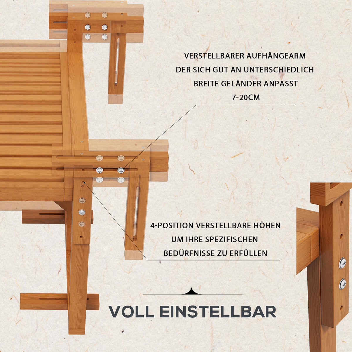 Balcony Table For Hanging, Foldable Balcony Hanging Table, Height-Adjustable Hanging Table, Can Hold Up To 20 Kg, Pine, 68 X 65 Cm, Teak