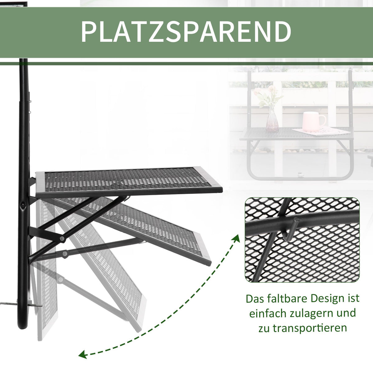 Balcony hanging table foldable 4-way height-adjustable hanging table made of metal weatherproof balcony table side table folding table for balcony and terrace railings table for hanging 60x40 cm black