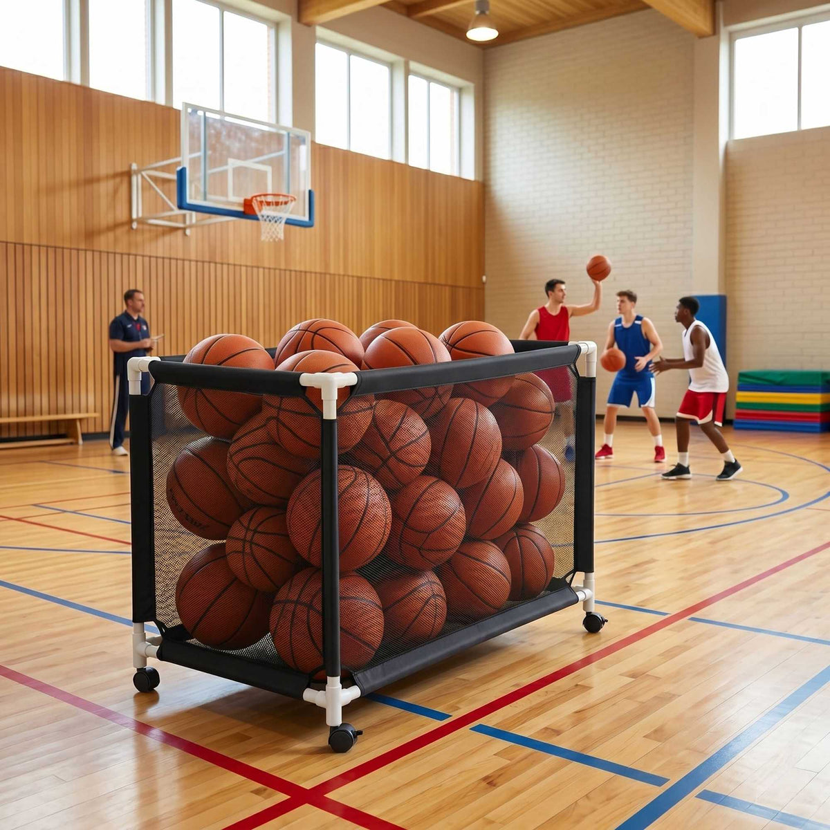 Ball Storage Cart, Mesh Basket, Swivel Casters With Brakes