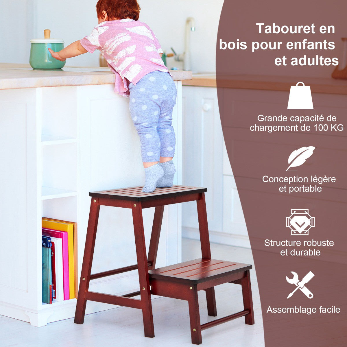 Bamboo 2-Step Folding Step Stool, Non-Slip, 100 kg Capacity