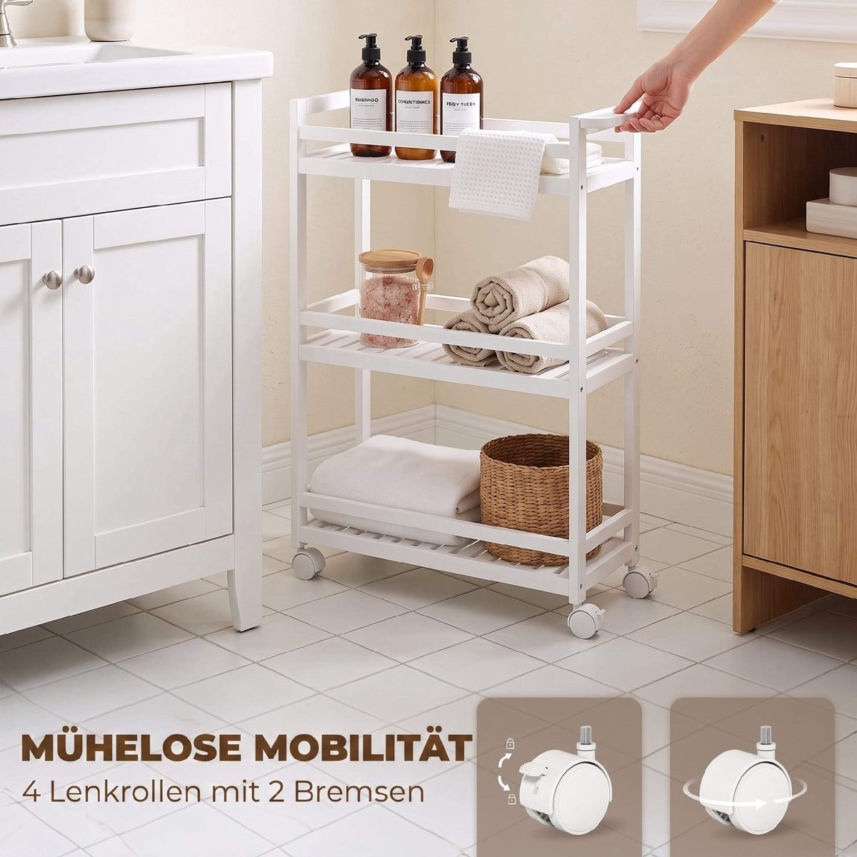Bamboo 3-Tier Rolling Cart with Slatted Shelves, 55x20x75 cm