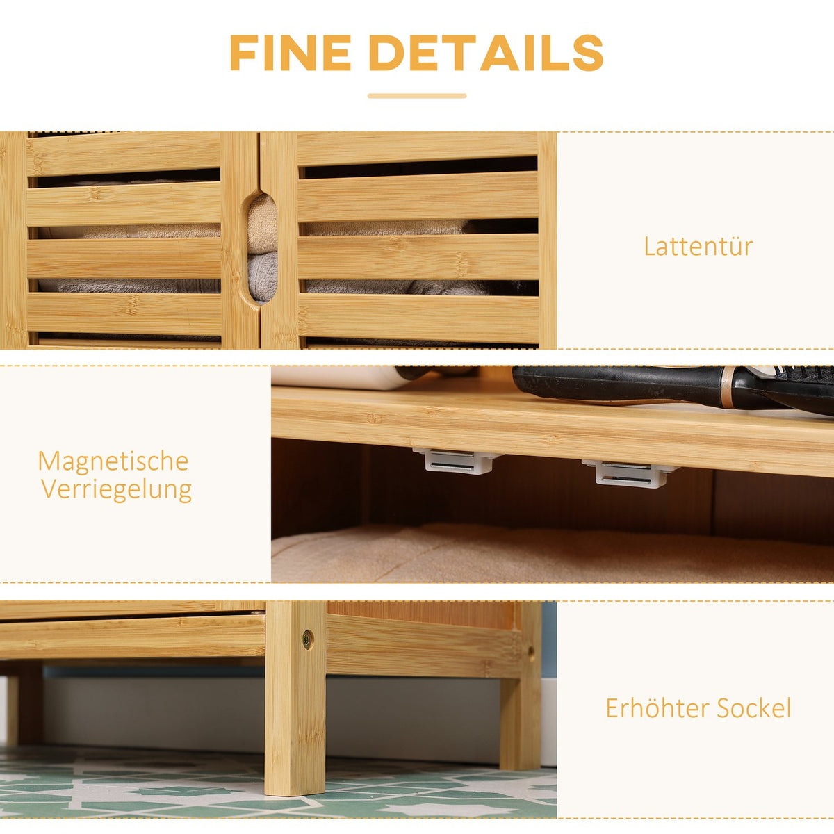 Bamboo Bathroom Cabinet Base Cabinet With Slatted Doors, Anti-Tip, Country Style, Multi-Purpose Cabinet