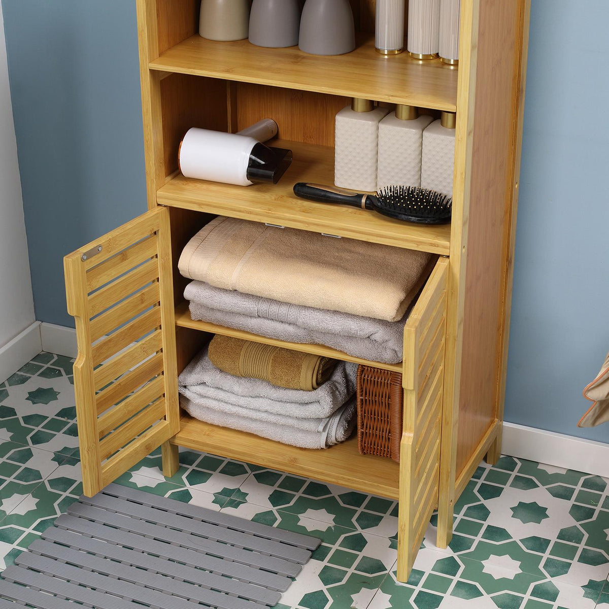 Bamboo Bathroom Cabinet Base Cabinet With Slatted Doors, Anti-Tip, Country Style, Multi-Purpose Cabinet