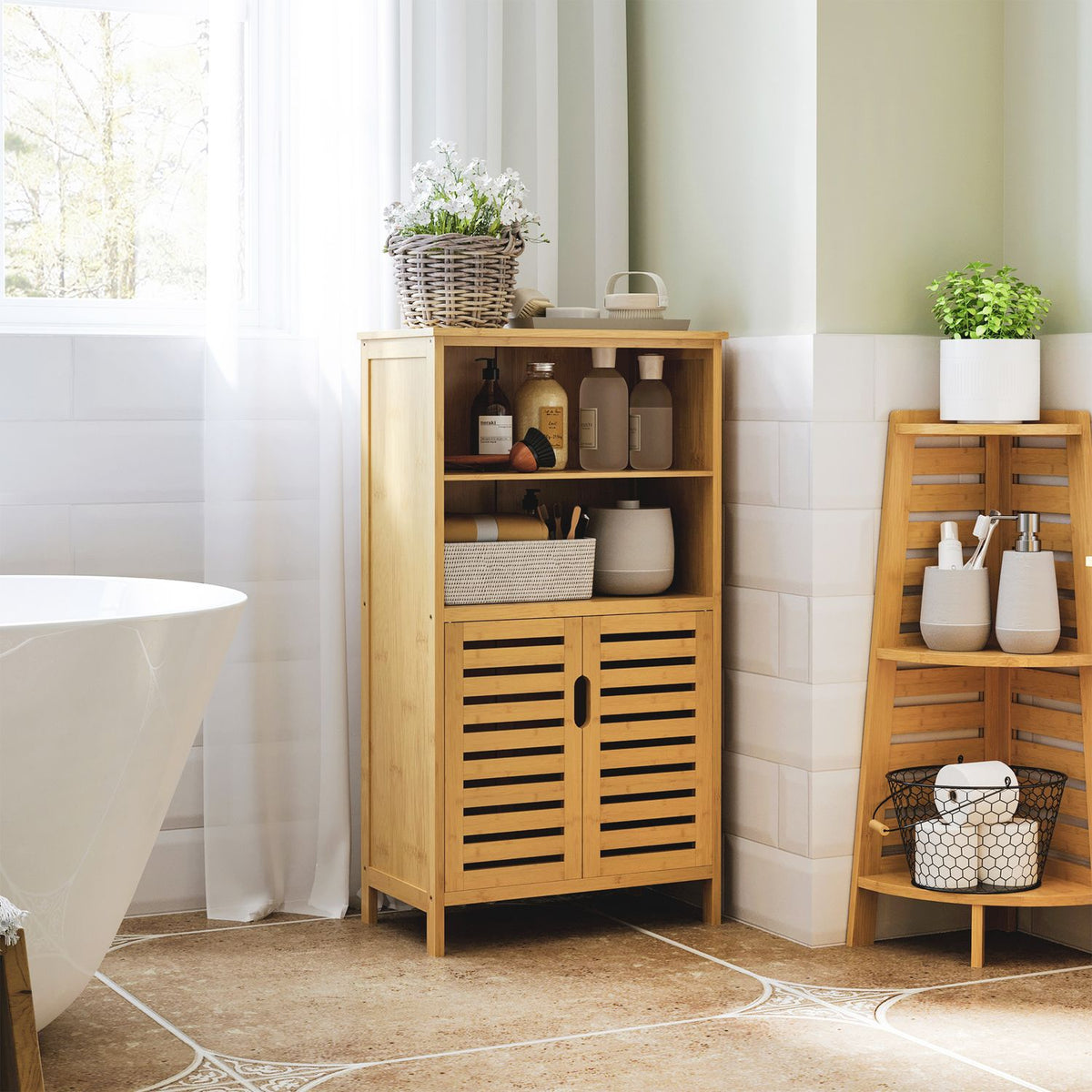 Bamboo Bathroom Cabinet Base Cabinet With Slatted Doors, Anti-Tip, Country Style, Multi-Purpose Cabinet