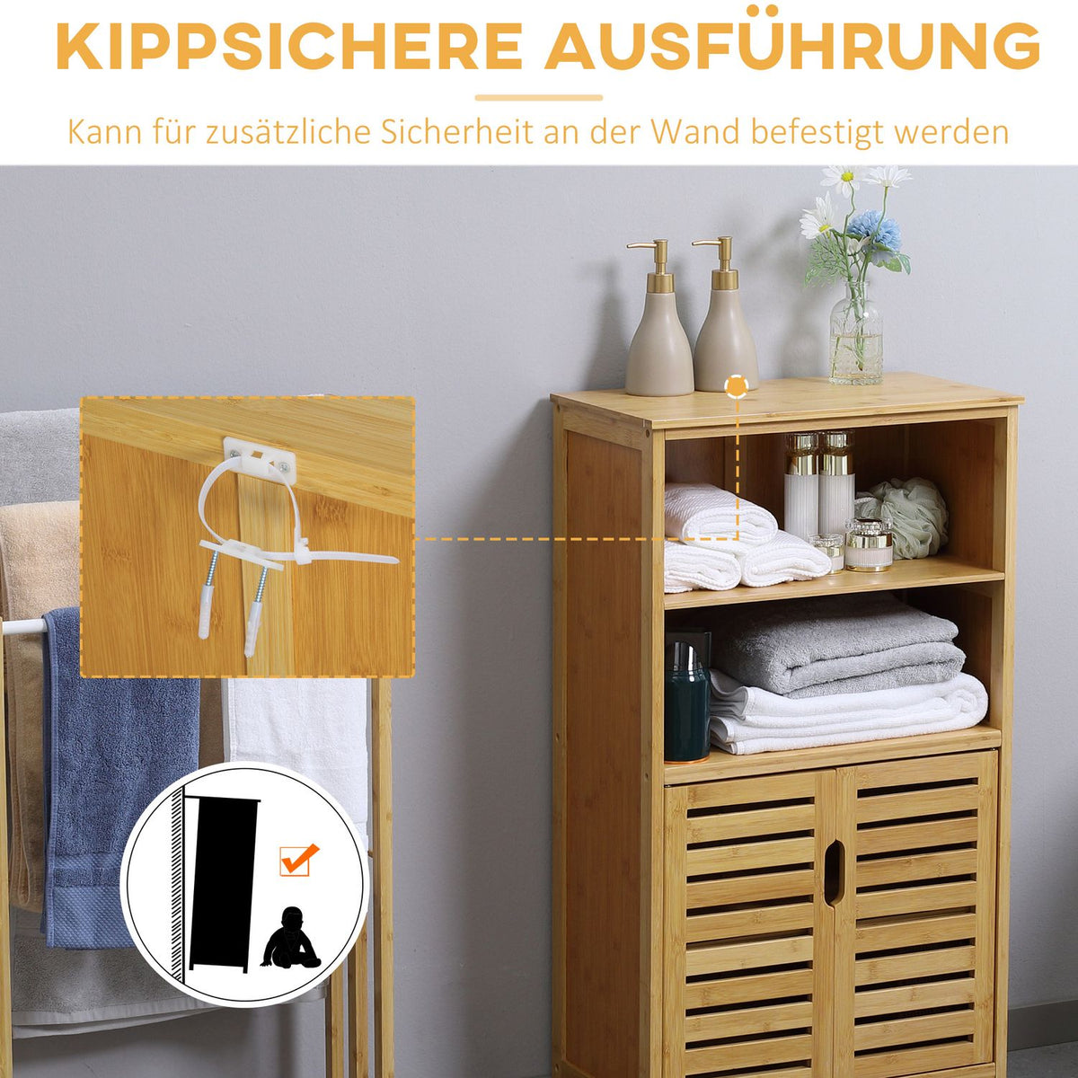 Bamboo Bathroom Cabinet Base Cabinet With Slatted Doors, Anti-Tip, Country Style, Multi-Purpose Cabinet