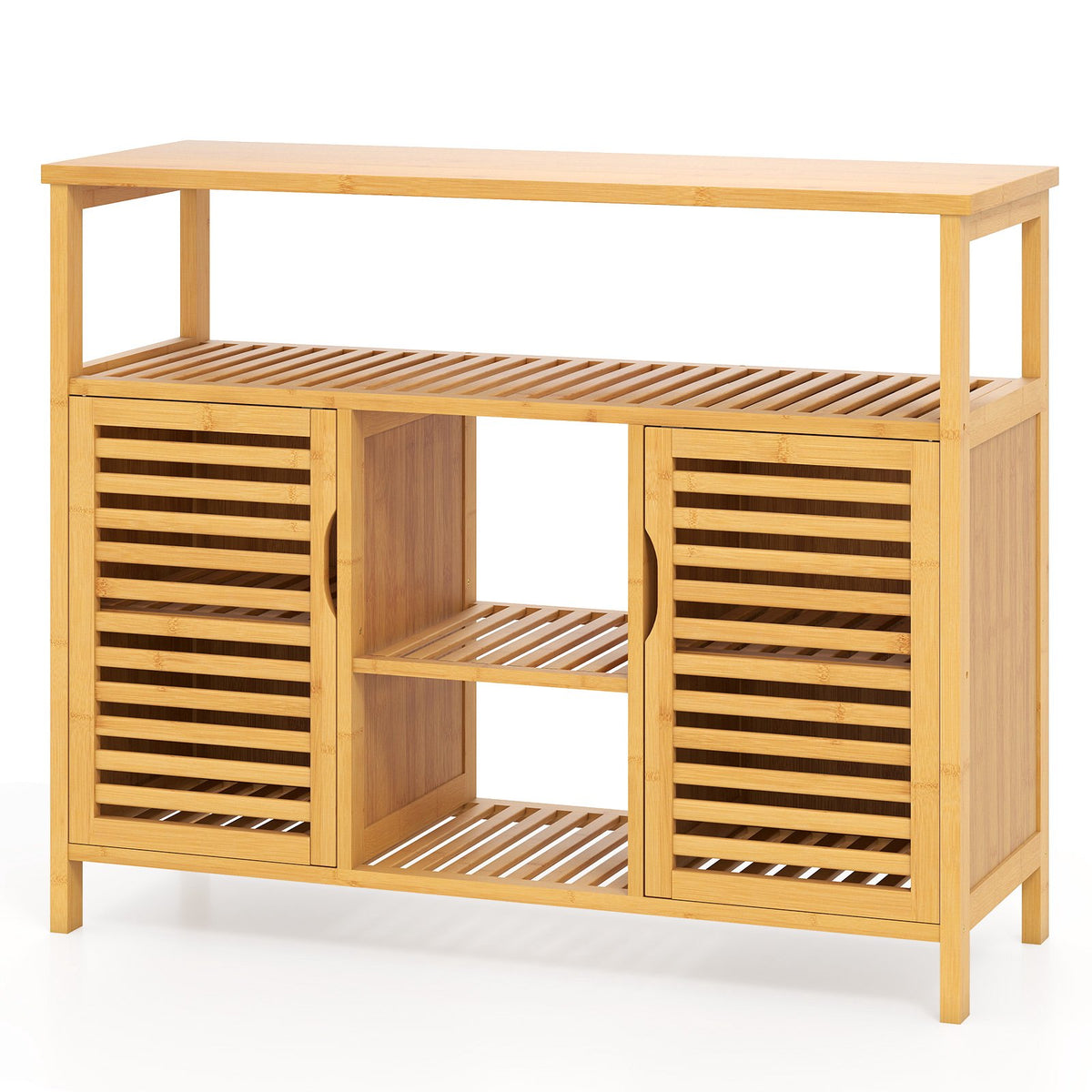 Bamboo Bathroom Cabinet with 2 Doors and Open Shelves