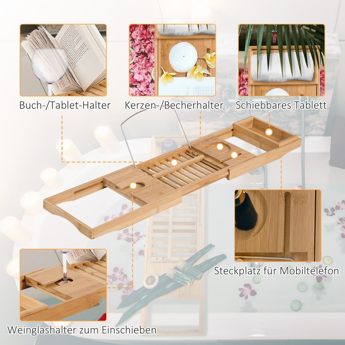 Bamboo Bathtub Shelf For Bathtub, Bathtub Bridge, Bathtub Cushion, Natural, Adjustable 70-105X21.8X5Cm