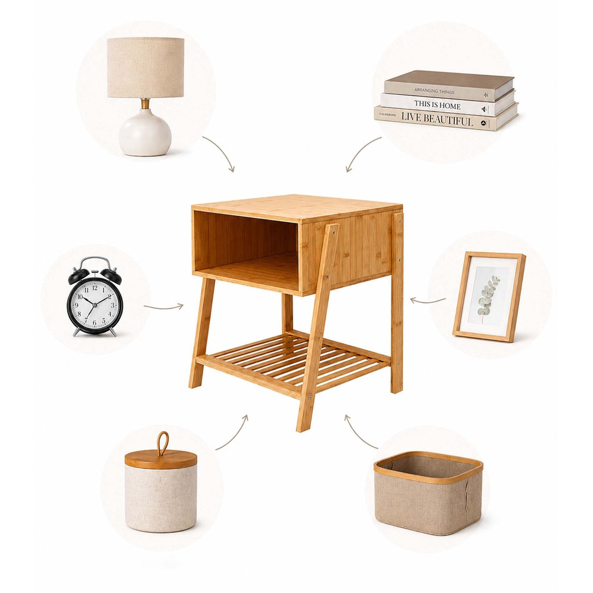 Bamboo Bedside Table with 3 Shelves, Natural Finish