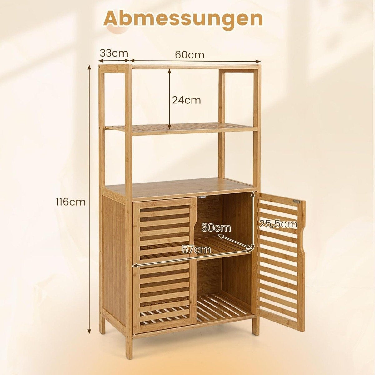 Bamboo Bookshelf with Doors, 4-Tier, 60x33x116 cm