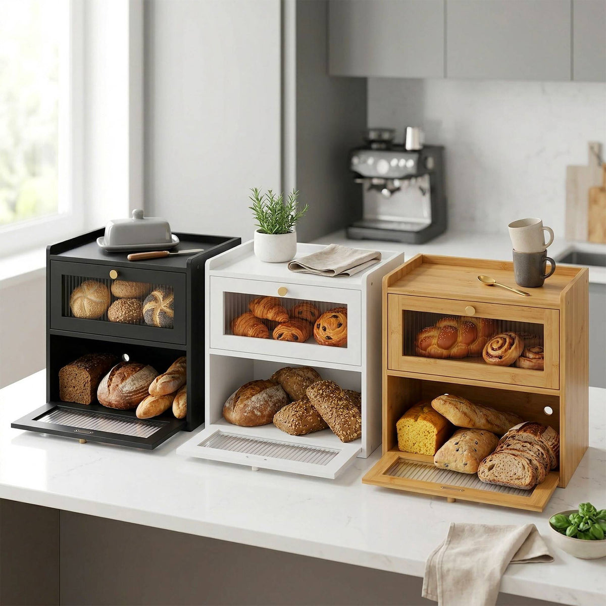 Bamboo Bread Bin, 2-Tier With Viewing Window