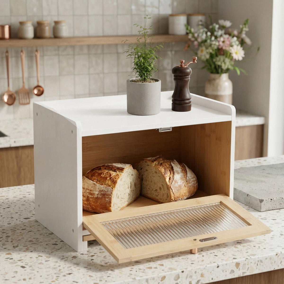 Bamboo Bread Bin With Cutting Board, Large Window