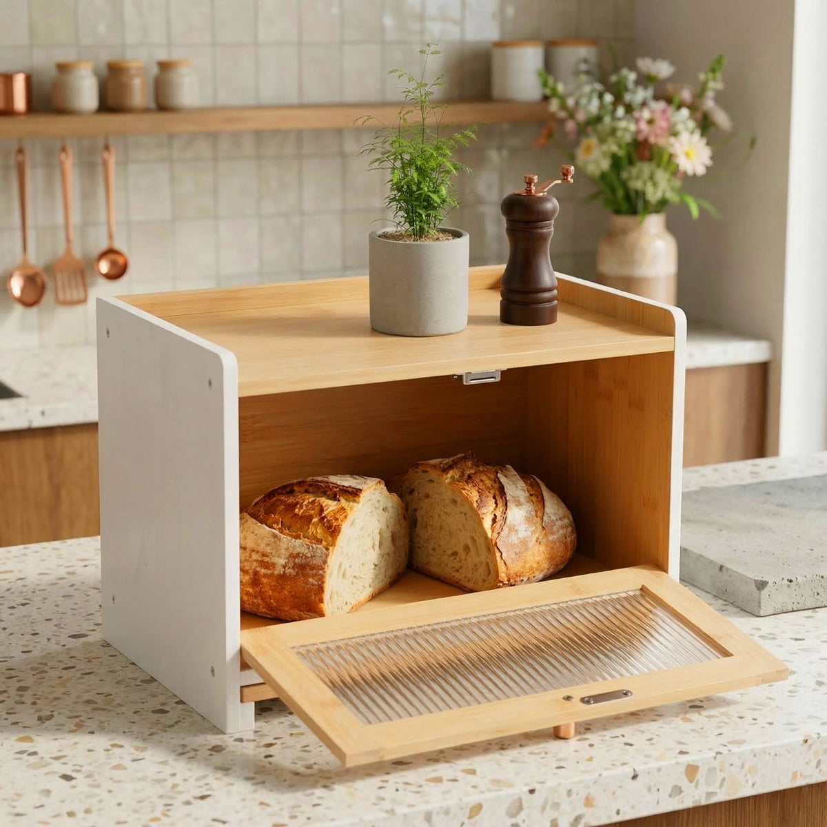 Bamboo Bread Bin with Cutting Board and Storage Shelf