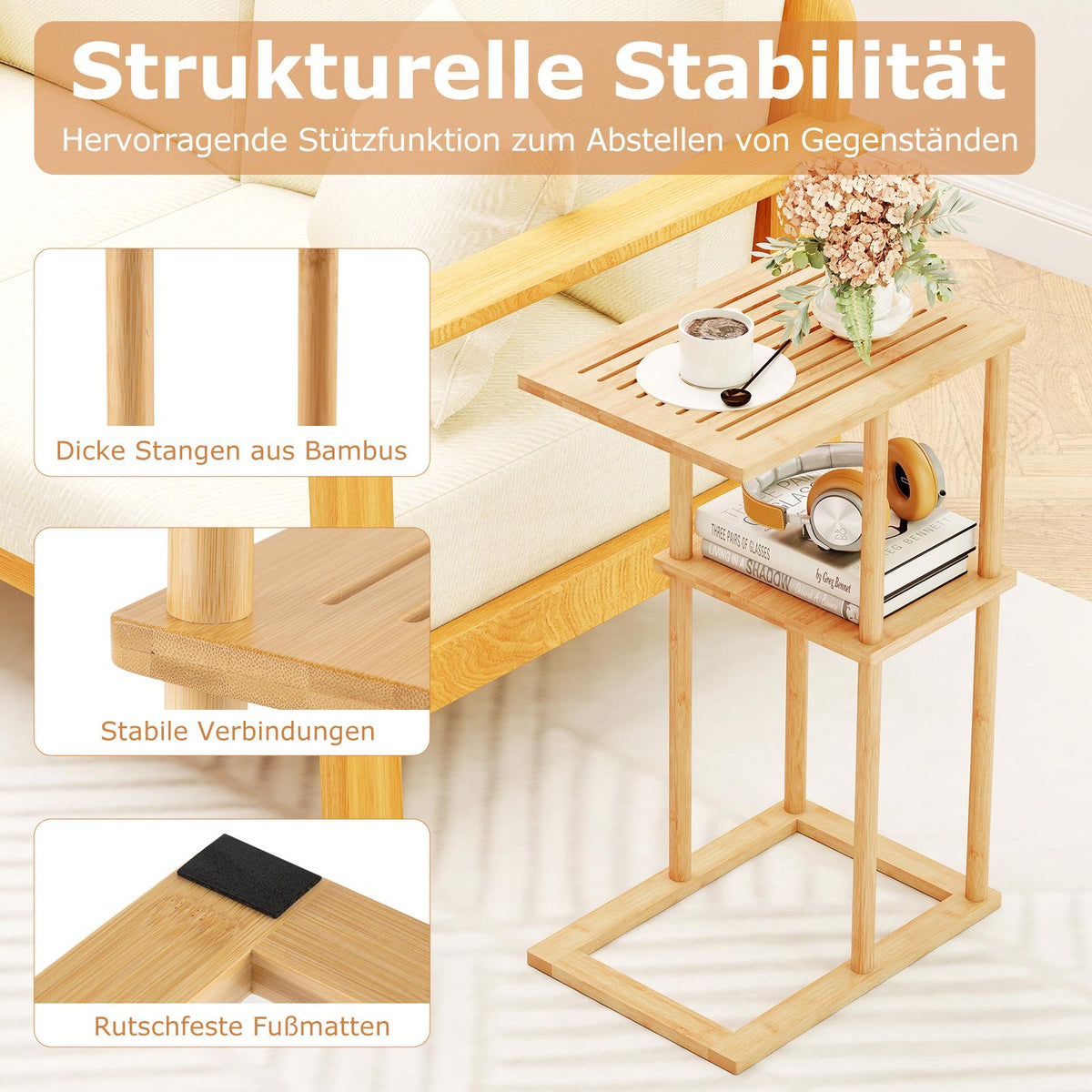 Bamboo C-Shaped Side Table Set, 2-Tier, 40x28x65 cm