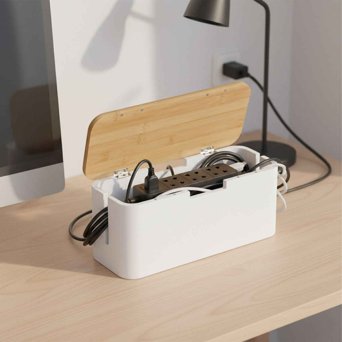 Bamboo Cable Box – Holds 6-Way Power Strip, Magnetic Lid