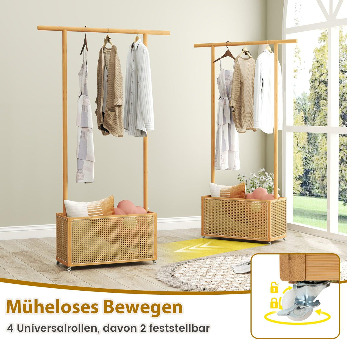 Bamboo Clothes Rack with Rattan Basket & Wheels, 100x32.5x172 cm