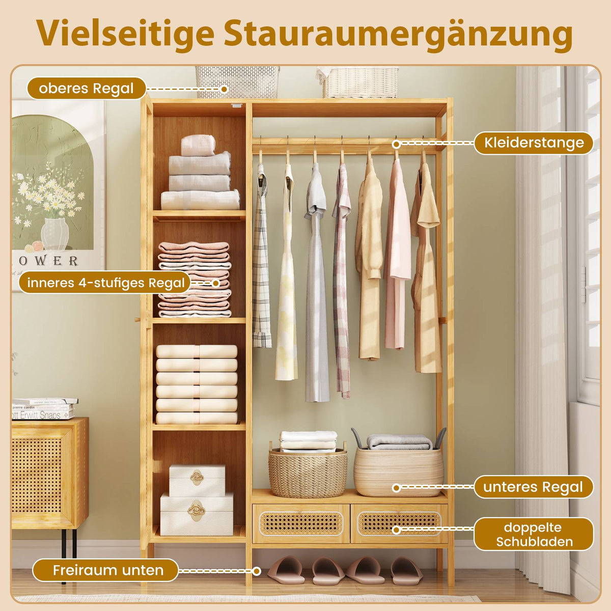 Bamboo Clothes Rack with Shelves and Drawers, Natural Finish