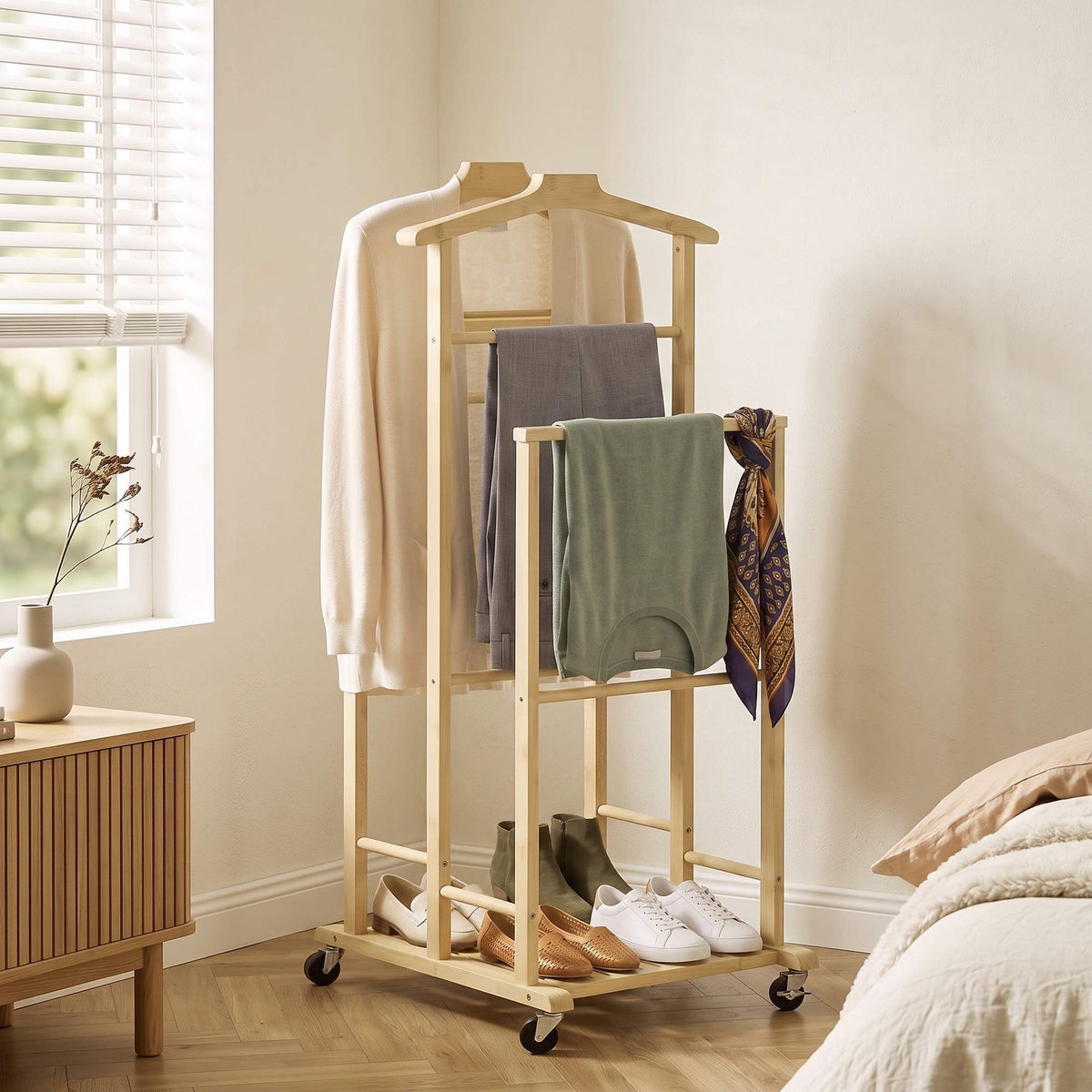 Bamboo Clothes Rack with Wheels, Compact Oak Finish