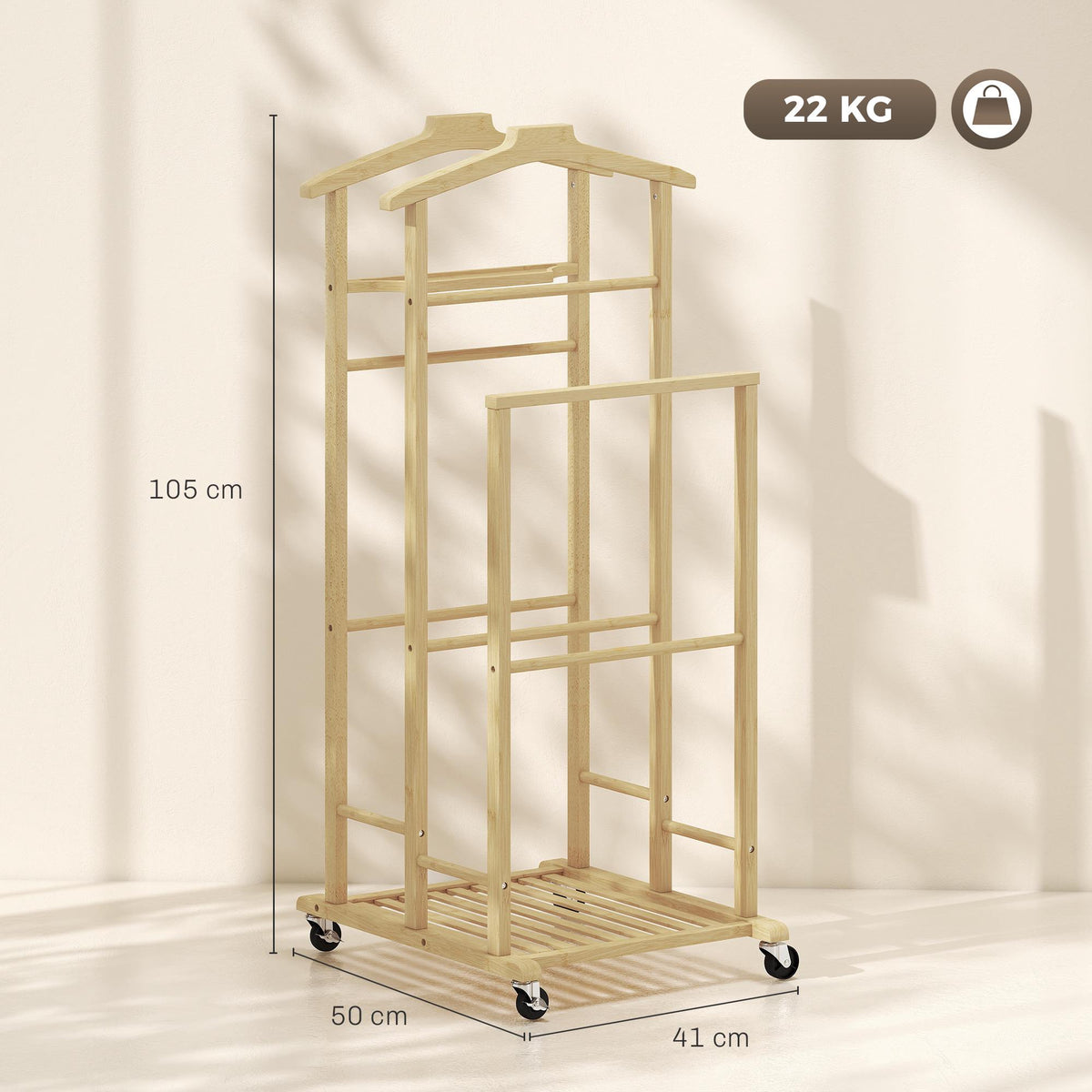 Bamboo Clothes Rack with Wheels, Compact Oak Finish