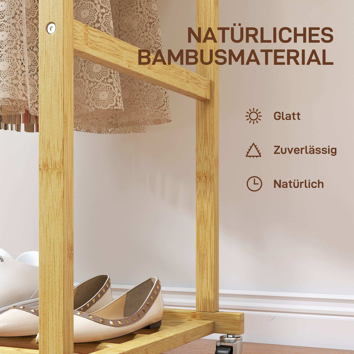 Bamboo Clothes Rack with Wheels, Dual Rods, Shoe Shelf