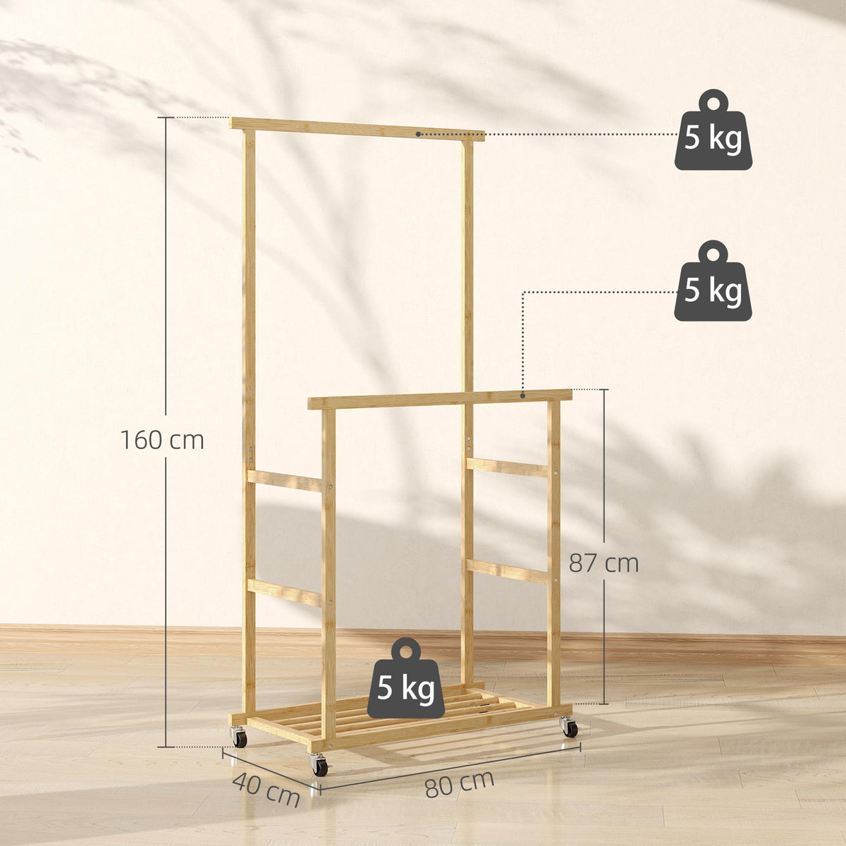 Bamboo Clothes Rack with Wheels, Dual Rods, Shoe Shelf