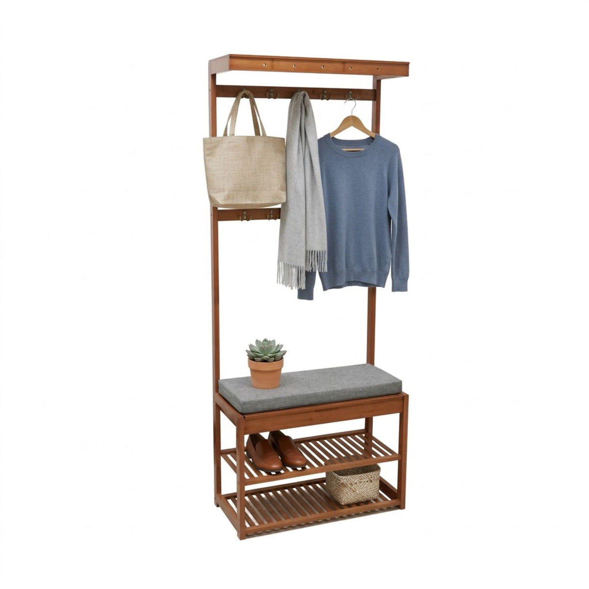 Bamboo Coat Rack and Bench with Storage Shelves