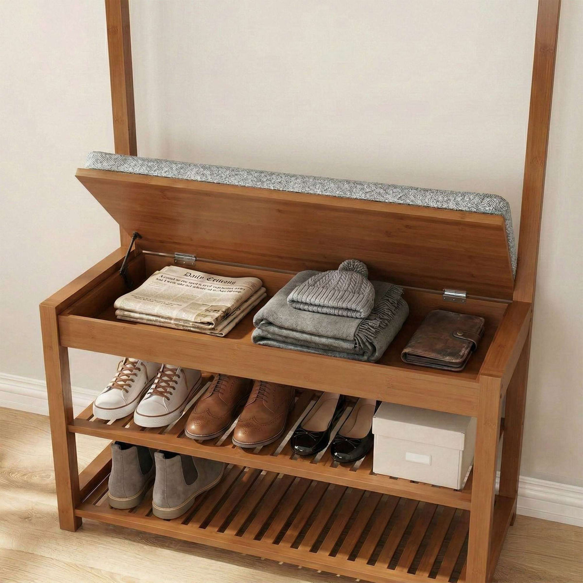 Bamboo Coat Rack and Bench with Storage Shelves