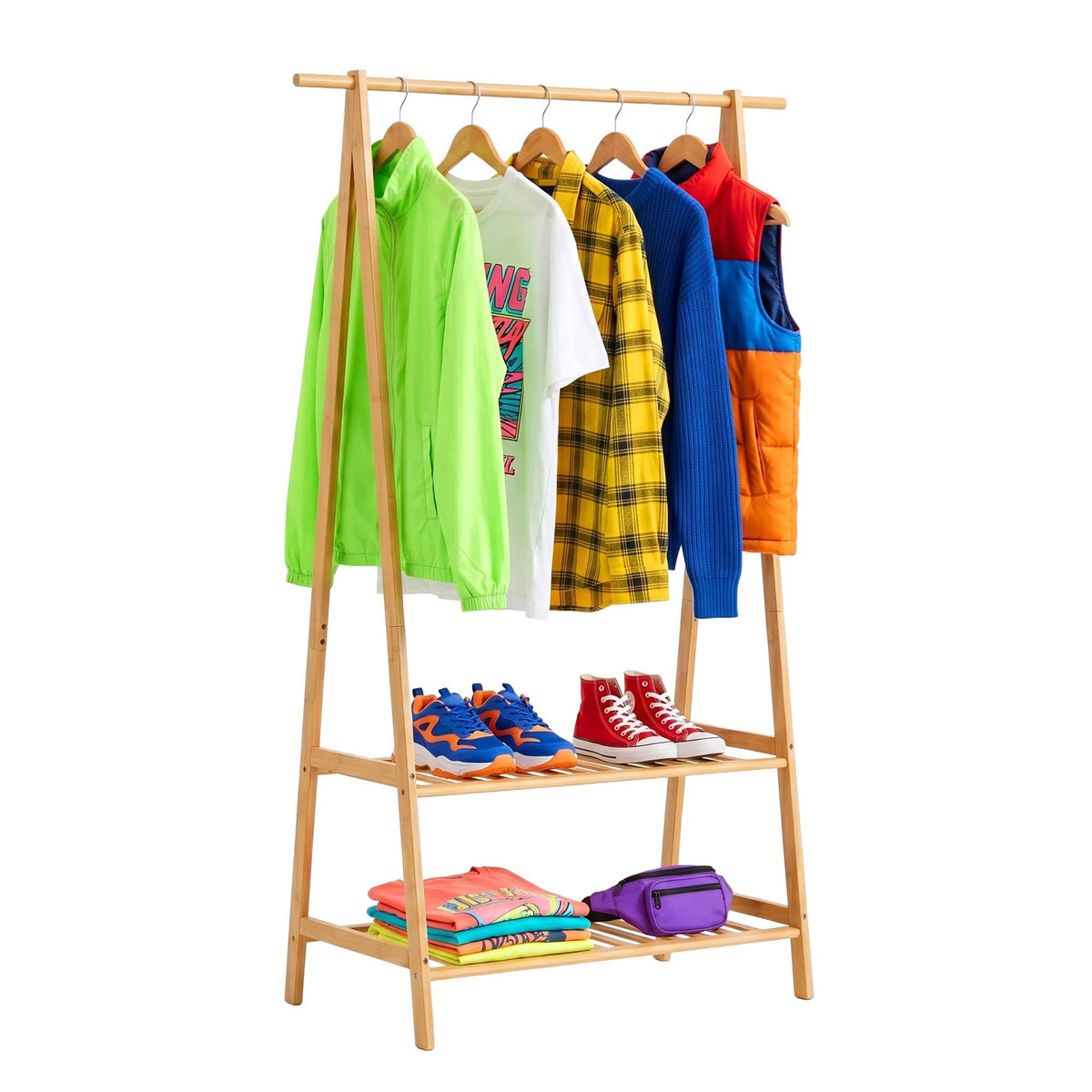 Bamboo Coat Rack with 2 Shelves, Natural Finish