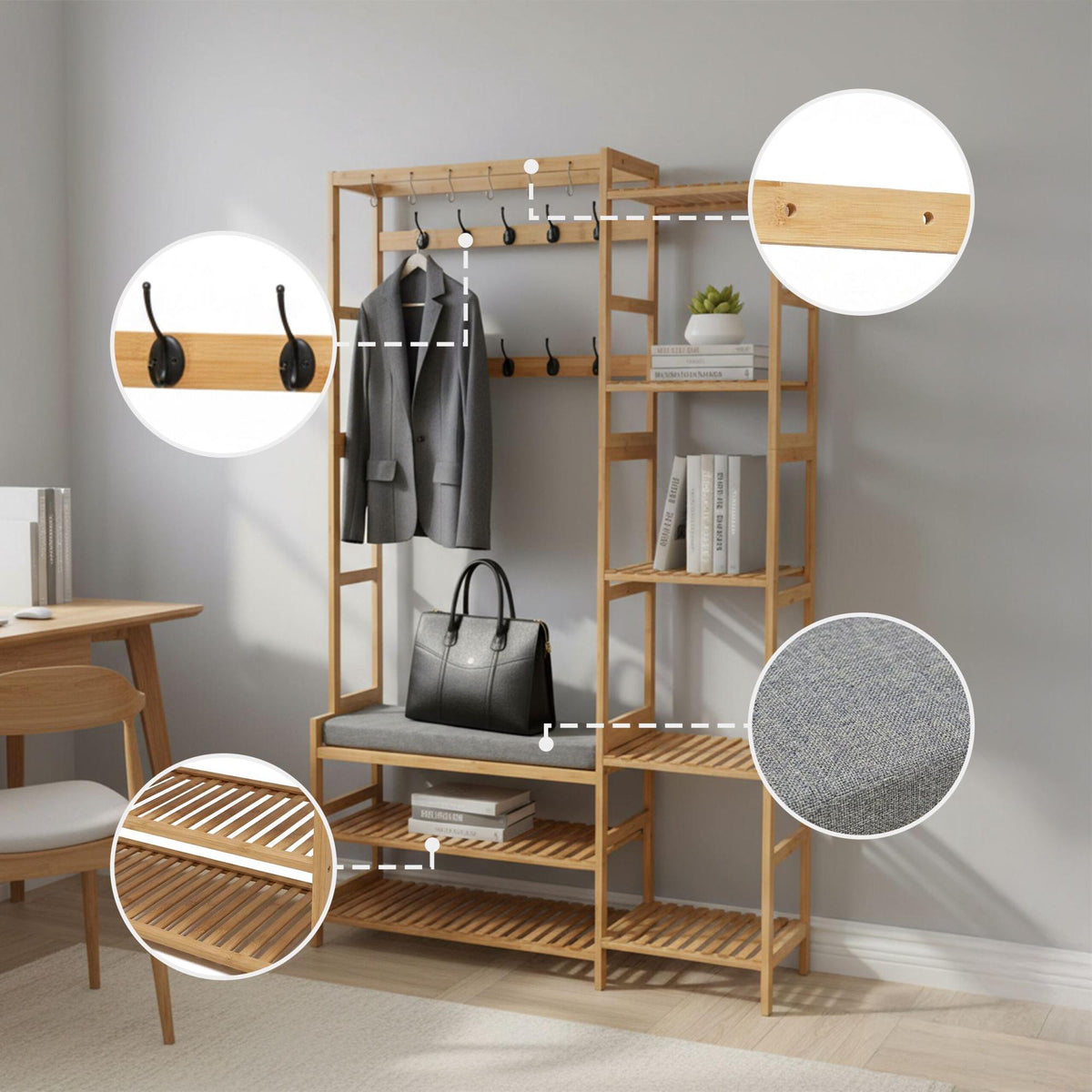 Bamboo Coat Rack with Bench, Hooks, and Shelves