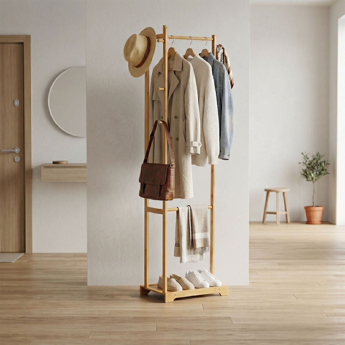 Bamboo Coat Rack with Hooks, Natural Finish