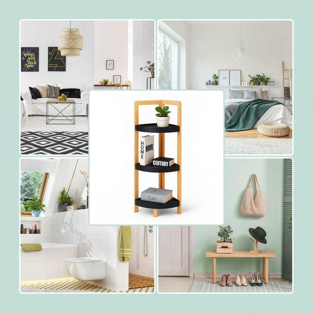 Bamboo Corner Shelf with Racks, Space-Saving Design