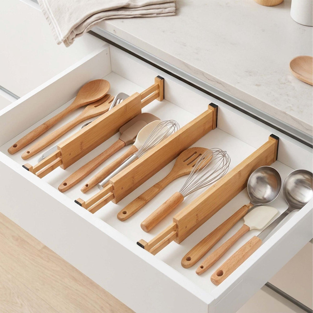 Bamboo Drawer Dividers, 4-Pack, Spring-Loaded Non-Slip