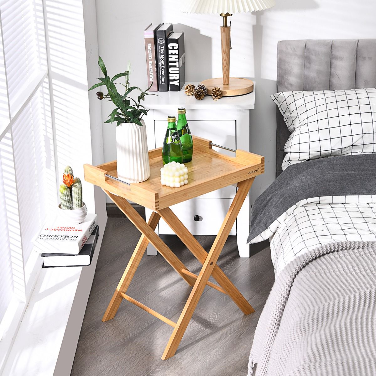 Bamboo Folding Snack Side Table With Removable Tray
