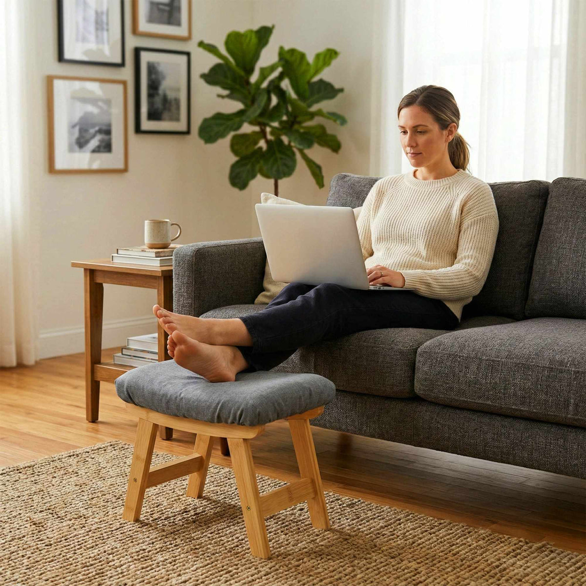 Bamboo Footstool with Padded Fabric Top