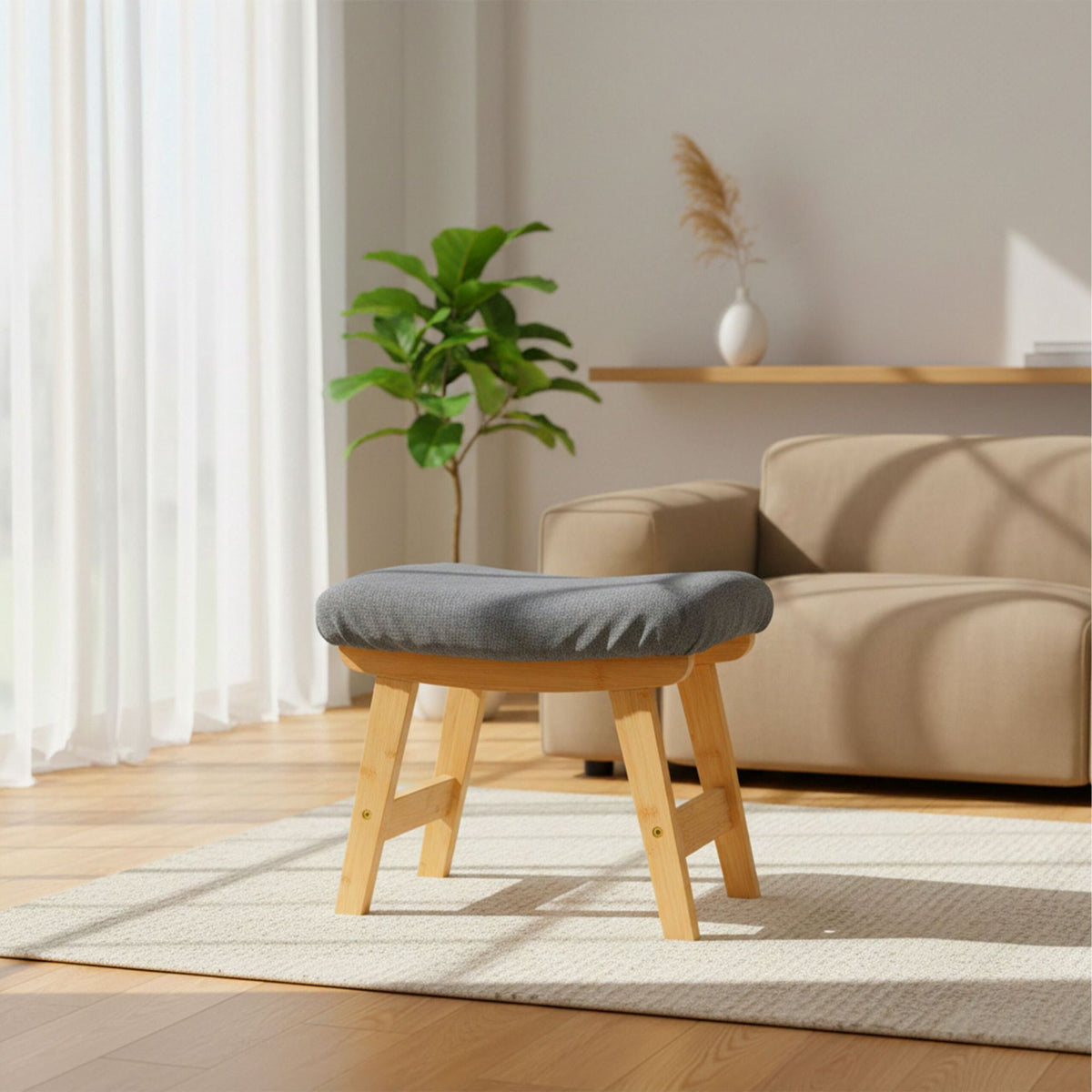 Bamboo Footstool with Padded Fabric Top