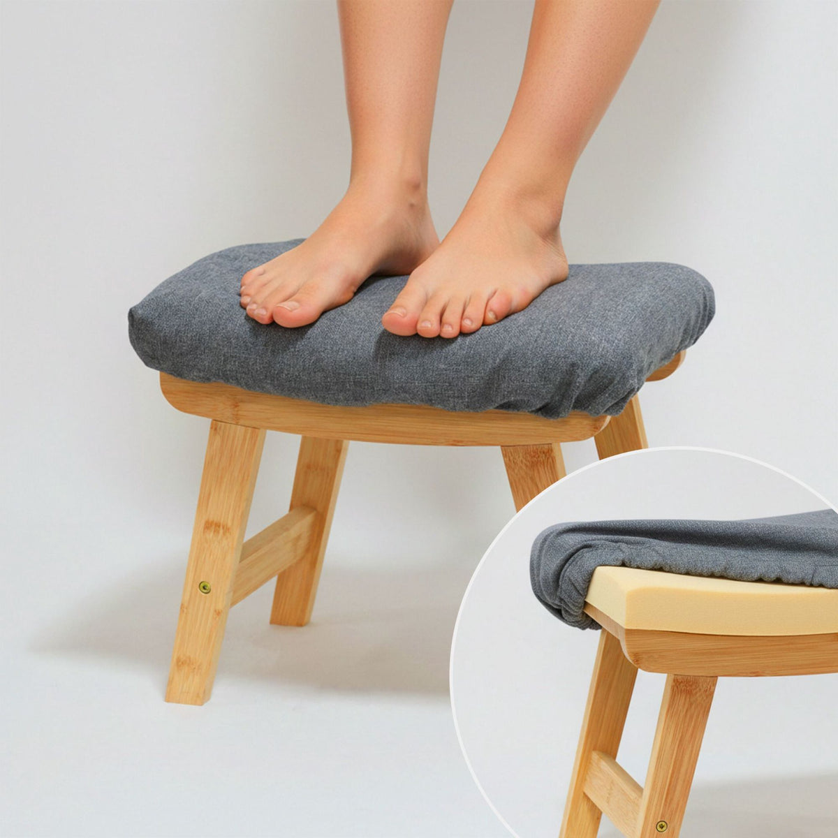 Bamboo Footstool with Padded Fabric Top