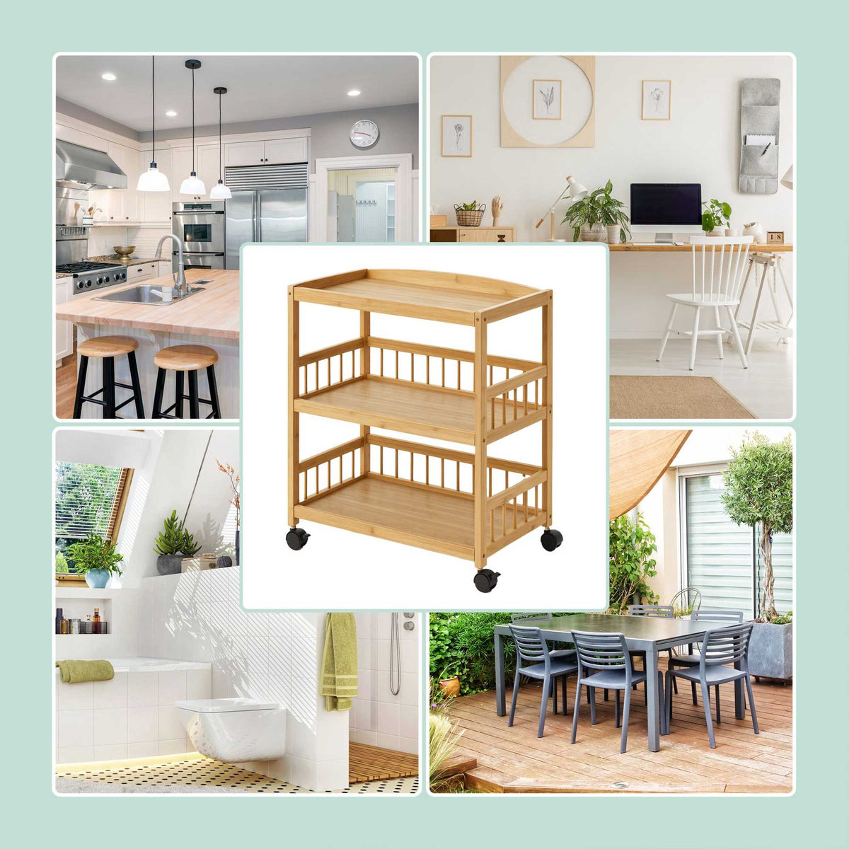 Bamboo Kitchen Cart, 3-Shelf Slim Rolling Trolley