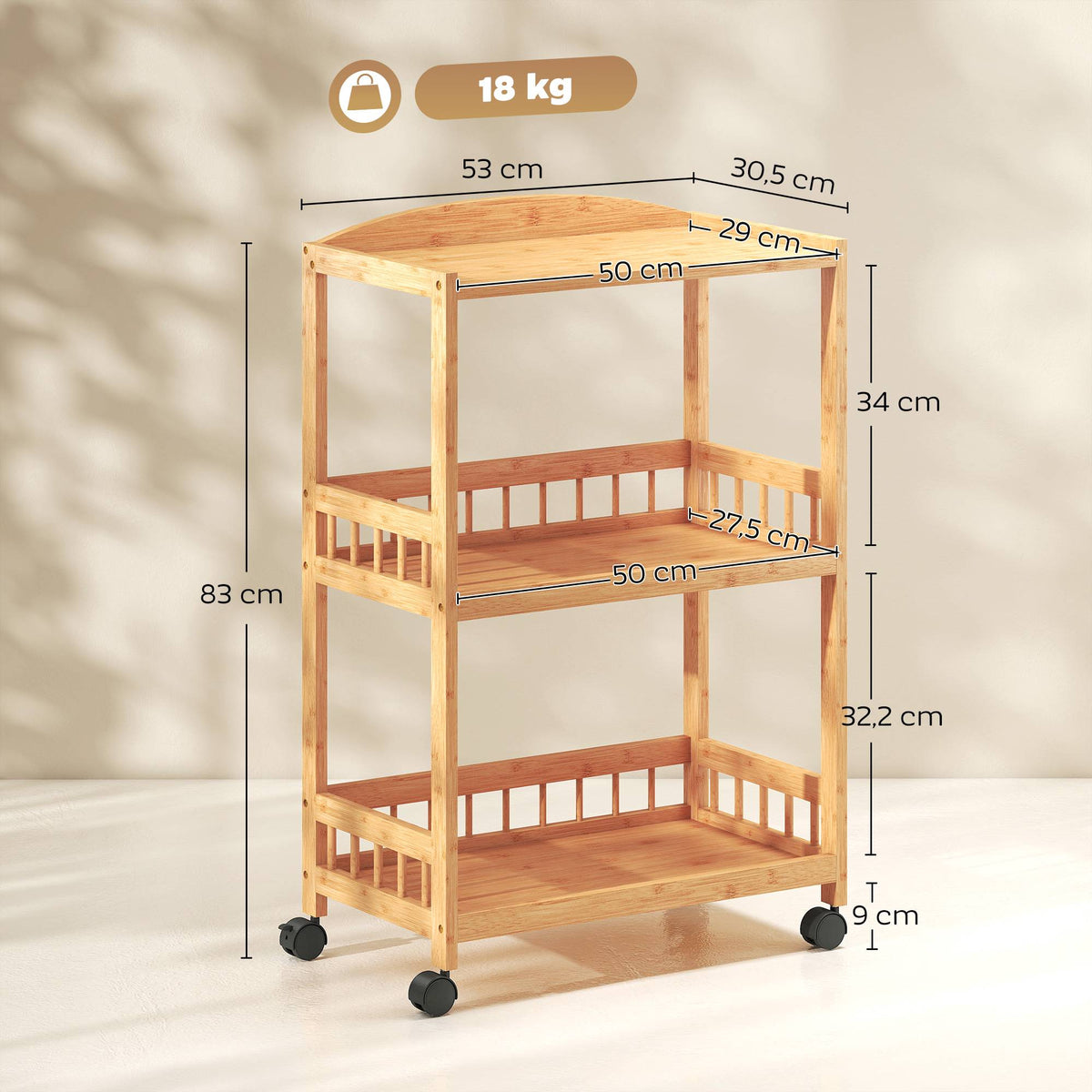 Bamboo Kitchen Cart with Wheels – 3 Shelves, Natural Wood