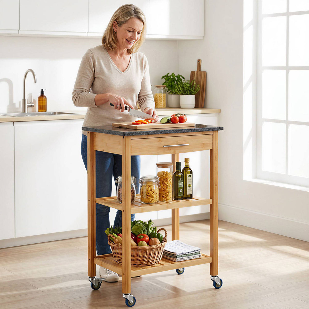 Bamboo Kitchen Trolley with Granite Worktop, 2 Shelves