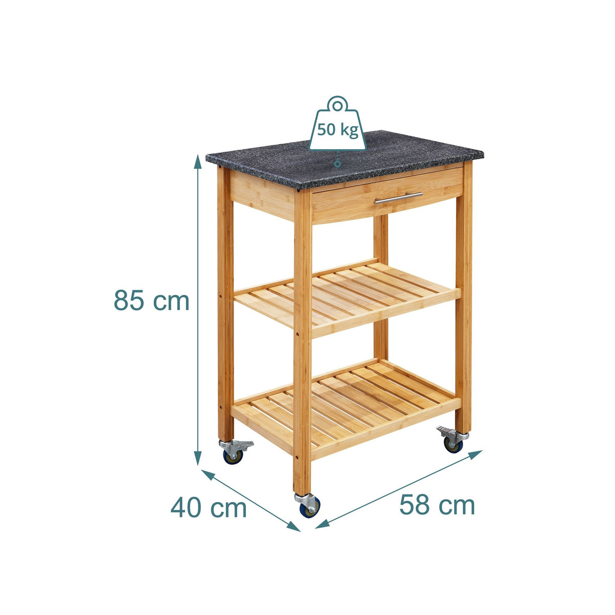 Bamboo Kitchen Trolley with Granite Worktop, 2 Shelves
