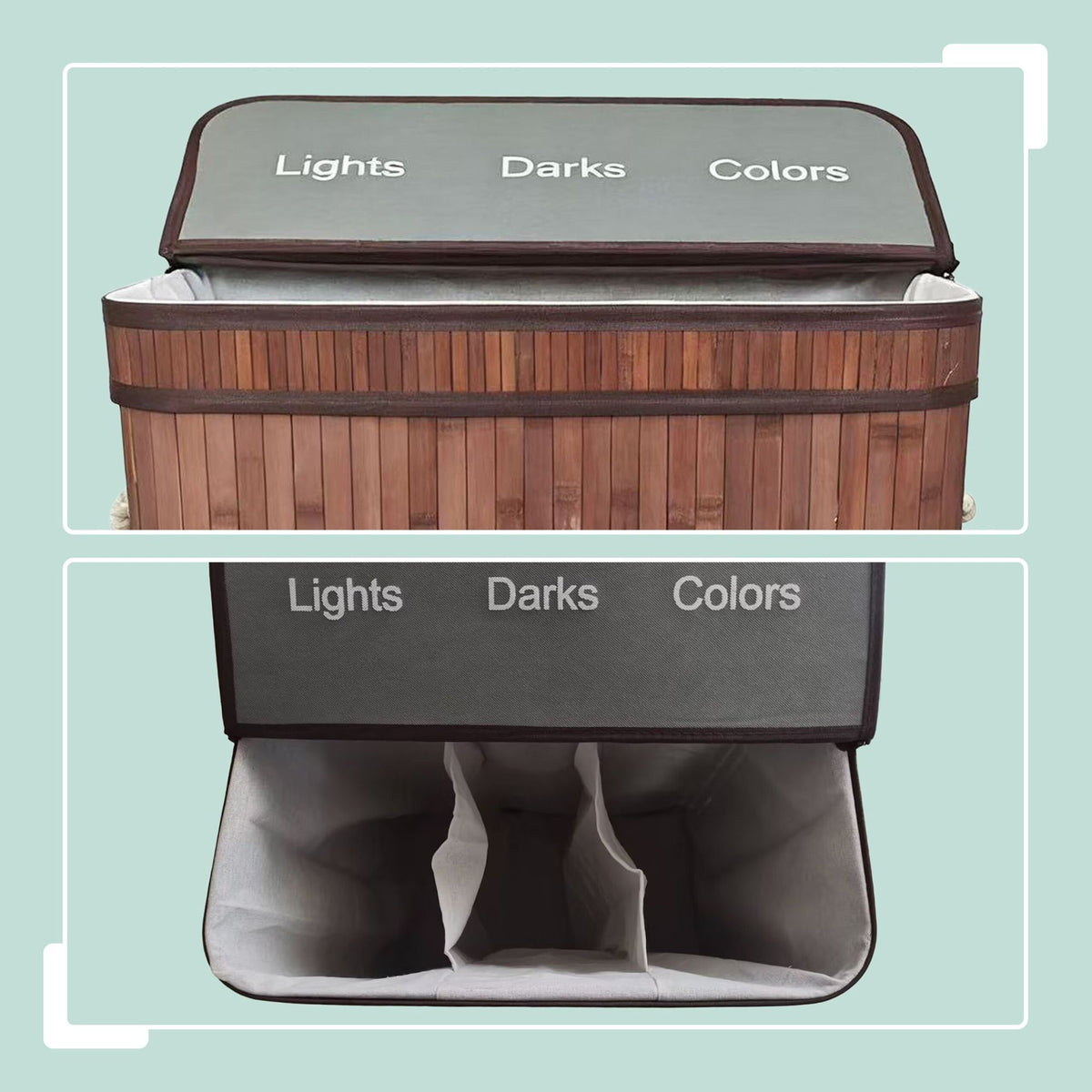 Bamboo Laundry Basket, 3 Compartments, Foldable