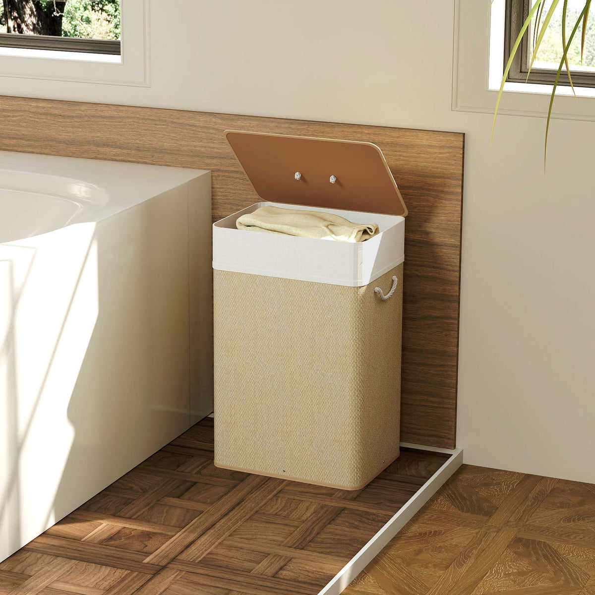 Bamboo Laundry Basket with Lid, 72L, Removable Liner