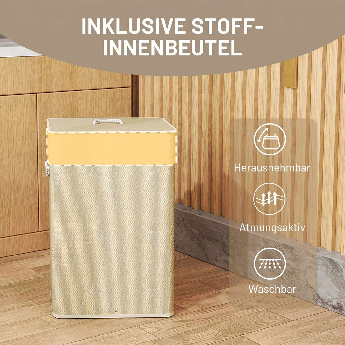 Bamboo Laundry Basket with Lid, 72L, Removable Liner