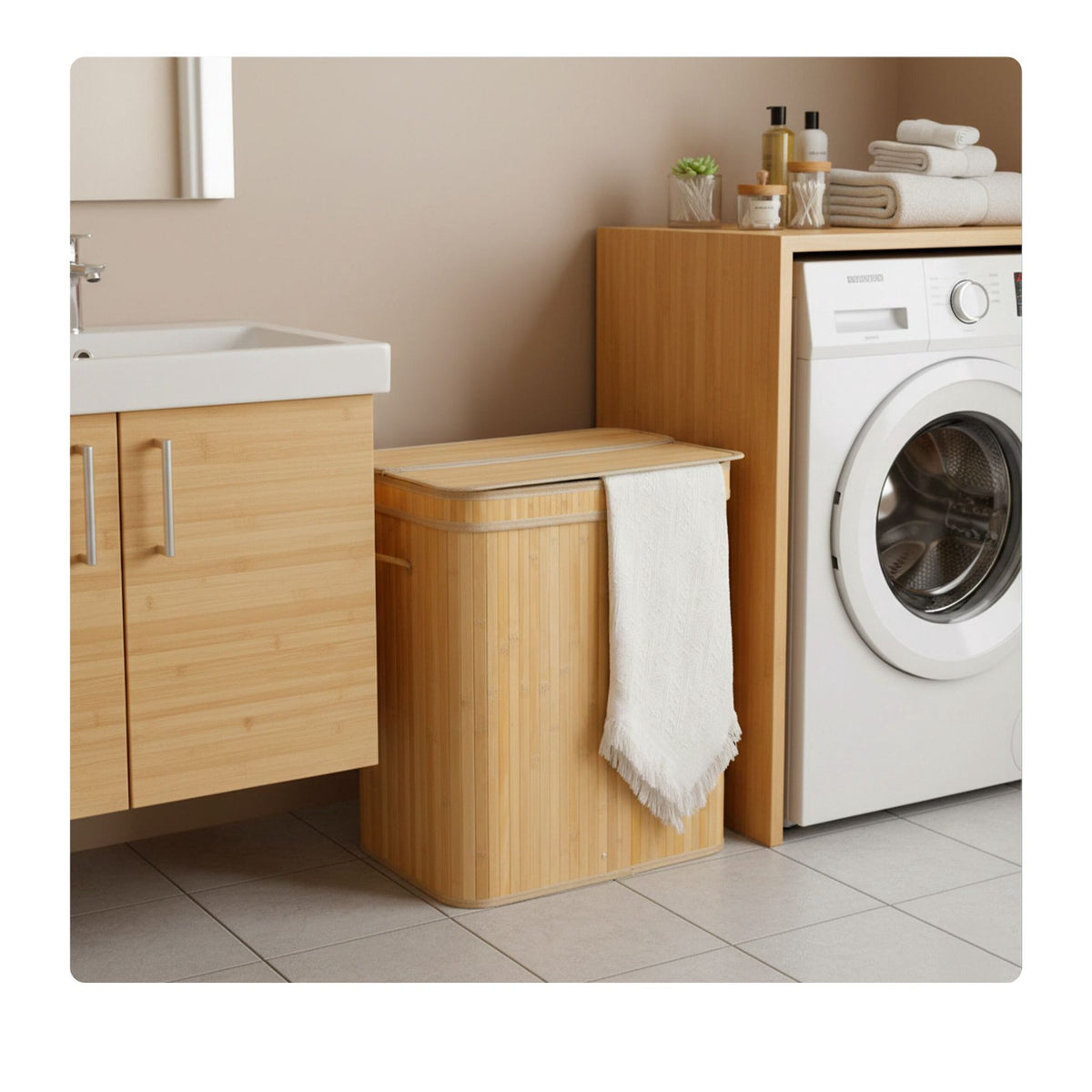 Bamboo Laundry Bin With Lid, Handles, Washable Bag