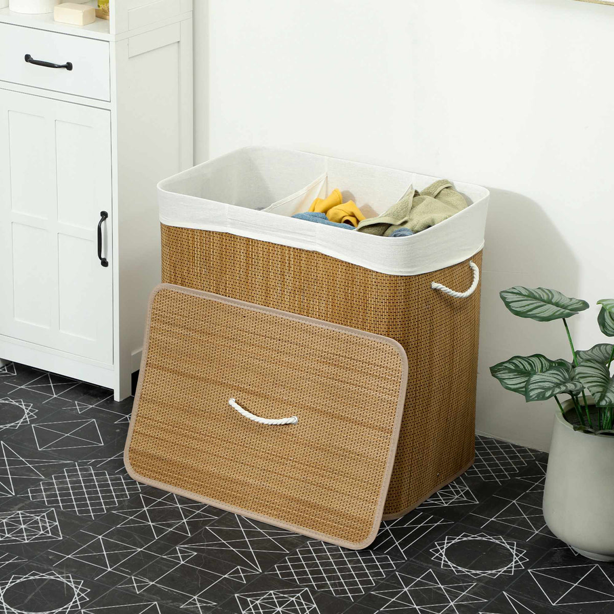 Bamboo Laundry Hamper With Lid, 3 Compartments, 144L