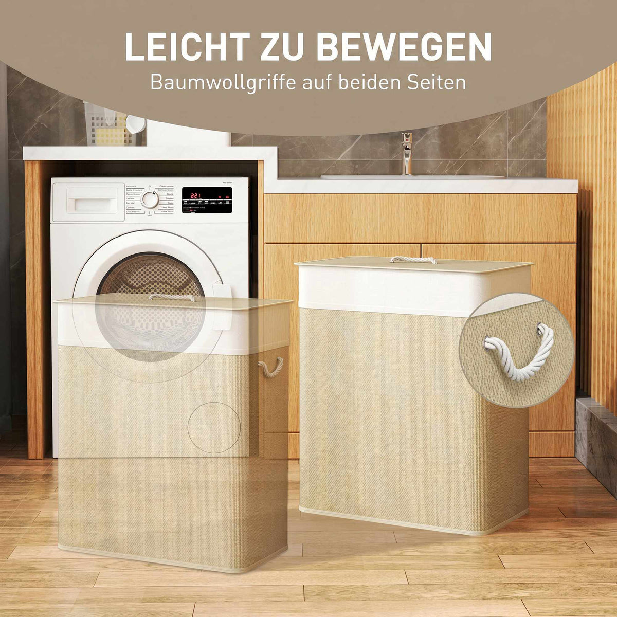Bamboo Laundry Hamper with Lid, 2 Compartments, 100L