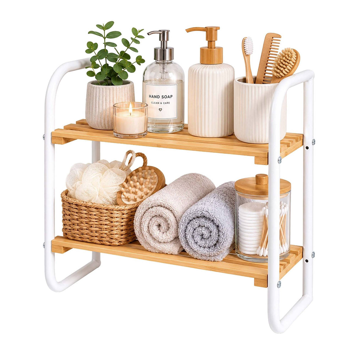 Bamboo & Metal Storage Shelf – Compact, 2-Tier Design
