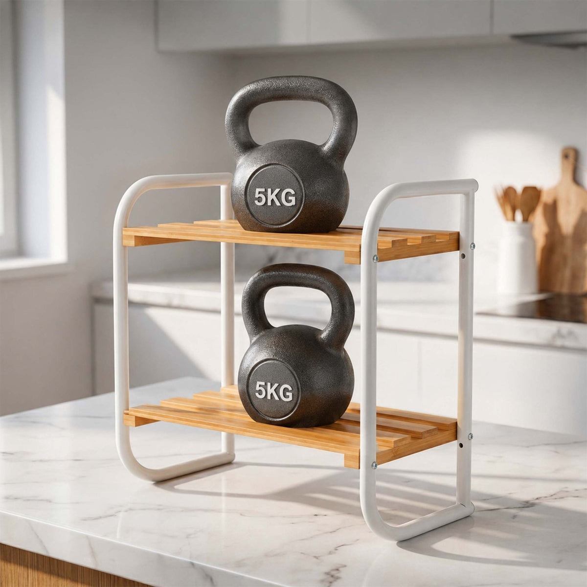 Bamboo & Metal Storage Shelf – Compact, 2-Tier Design