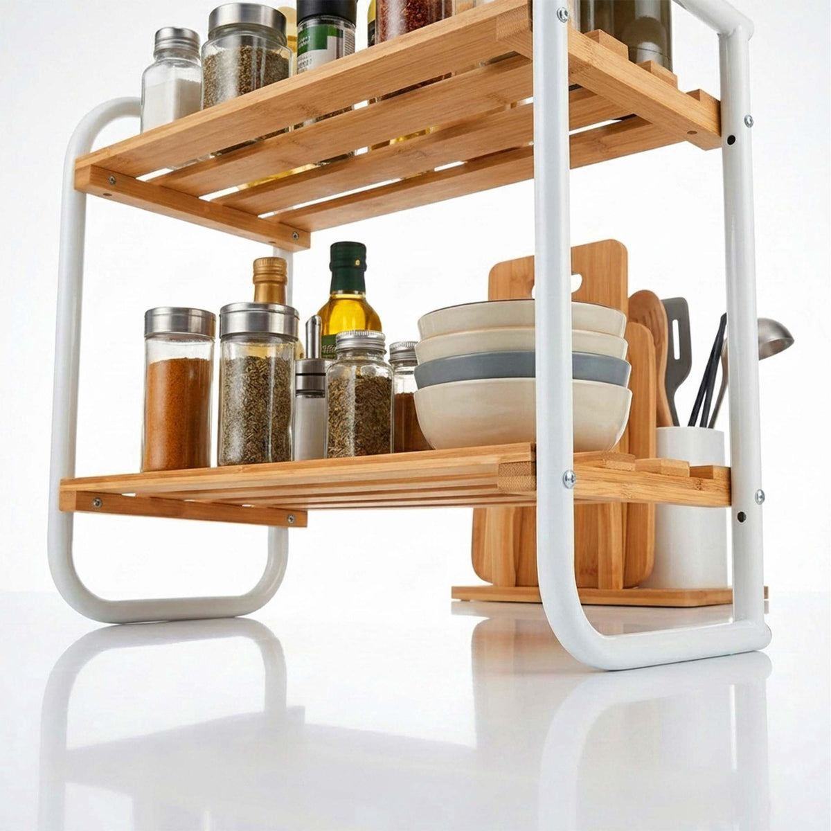 Bamboo & Metal Storage Shelf – Compact, 2-Tier Design