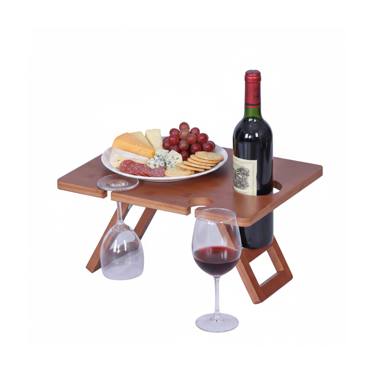 Bamboo Picnic Wine Tray with Glass and Bottle Holders